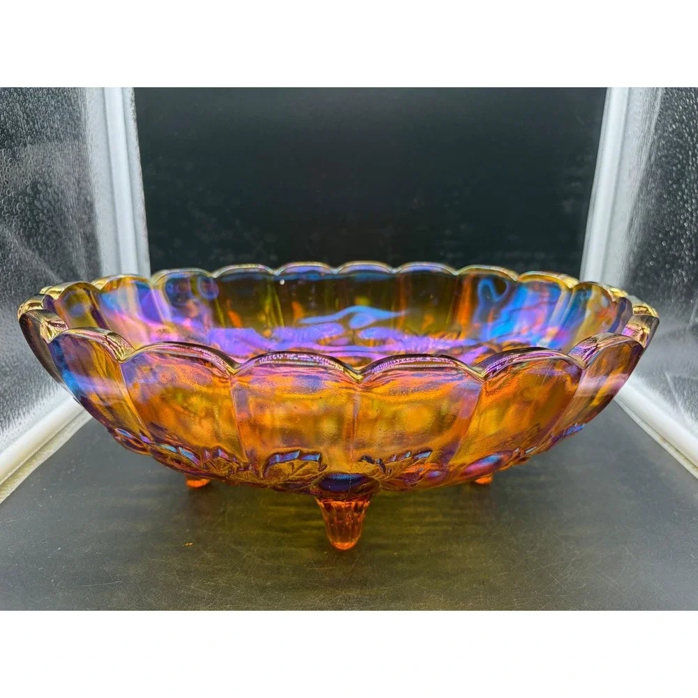 Indiana Glass Harvest Grape Marigold Carnival Glass Footed Oval Bowl Centerpiece